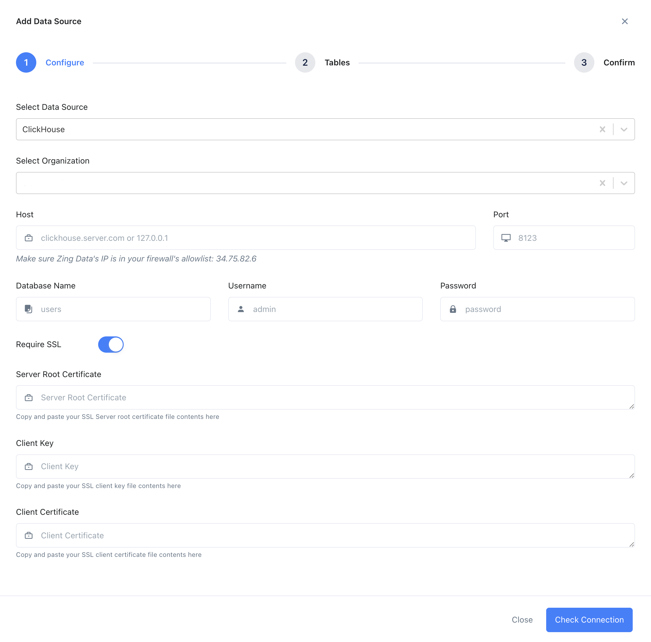 Форма конфигурации подключения ClickHouse в Zing Data с полями для сервера, порта, базы данных, имени пол�ьзователя и пароля